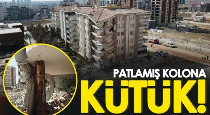Çökmek üzere olan binanın kolonuna kütüklü destek