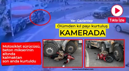 Motosiklet sürücüsü, beton mikserinin altında kalmaktan son anda kurtuldu