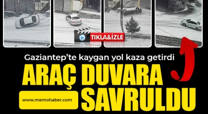 Gaziantep’te kaza: Karda kayan araç duvara çarparak yan yattı
